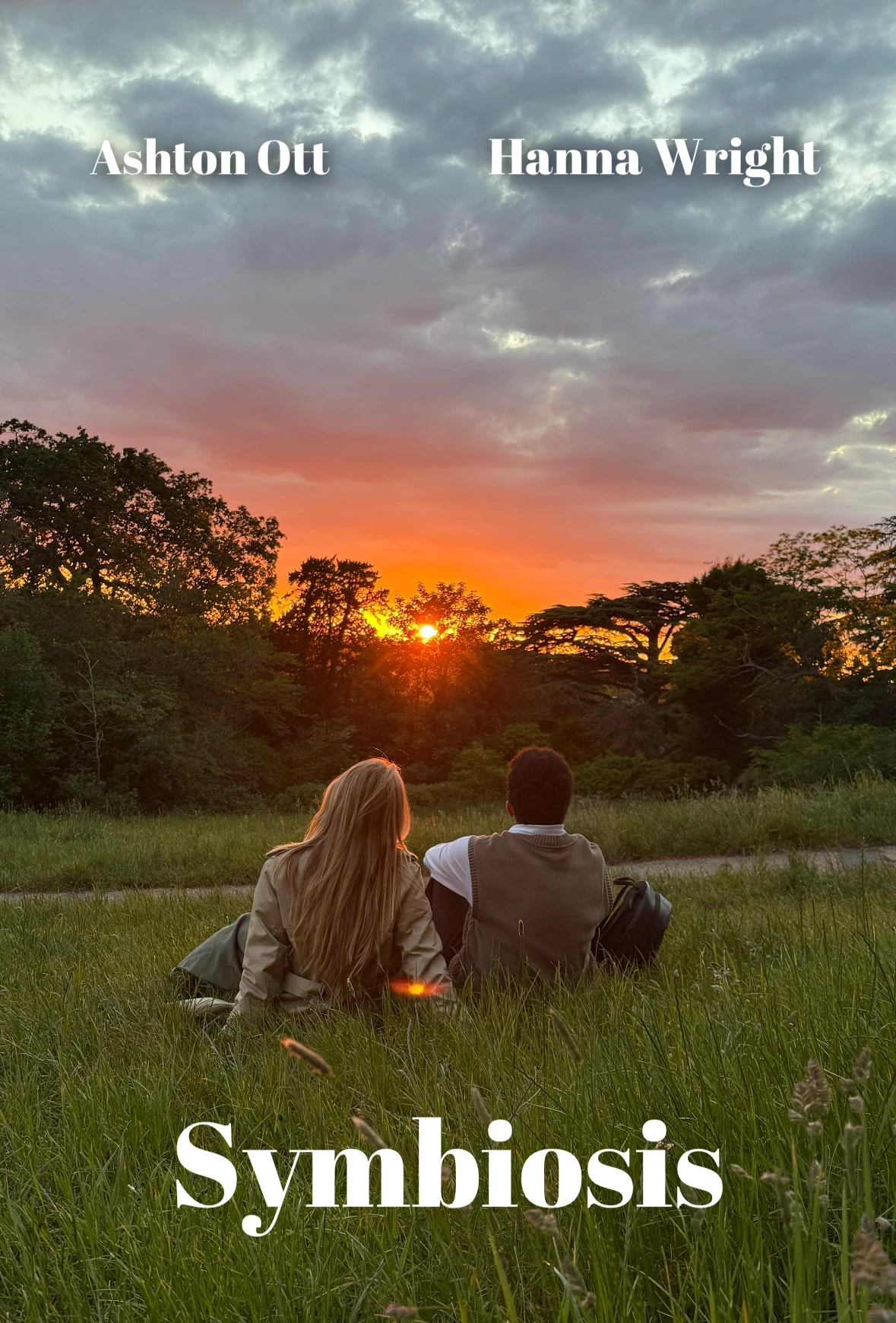 Symbiosis film poster showing two people seated in a field at sunset.